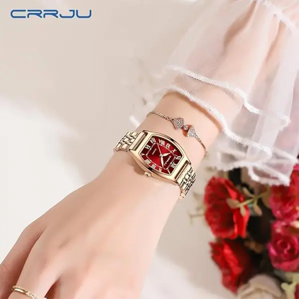 CRRJU 2493 Stainless Steel Japanese Quartz Movement Analog Dress Watch for Women – Dial Color: Red, Strap Color:  Brown  – View 2