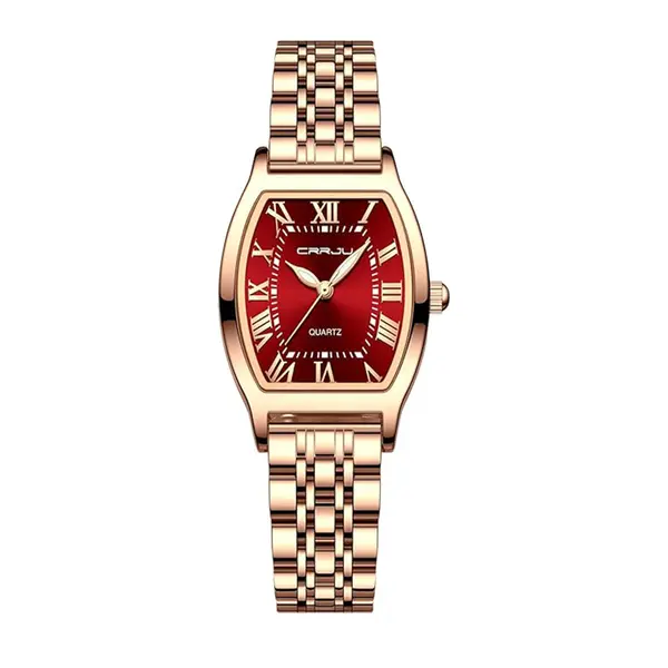 CRRJU 2493 Stainless Steel Japanese Quartz Movement Analog Dress Watch for Women – Dial Color: Red, Strap Color:  Brown  – View 1