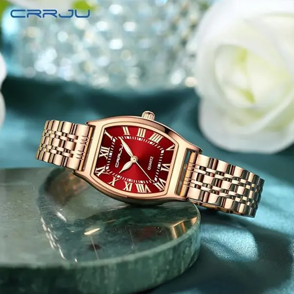CRRJU 2493 Stainless Steel Japanese Quartz Movement Analog Dress Watch for Women – Dial Color: Red, Strap Color:  Brown  – View 4
