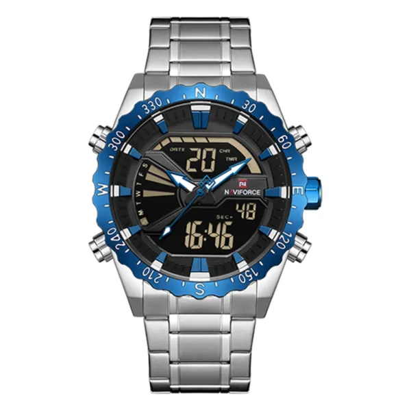 NAVIFORCE NF9136 Stainless Steel Dual Time Men's Watch – Dial Color: Blue, Strap Color: Silver – View 1