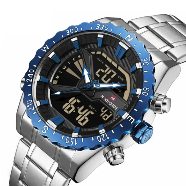 NAVIFORCE NF9136 Stainless Steel Dual Time Men's Watch – Dial Color: Blue, Strap Color: Silver – View 2