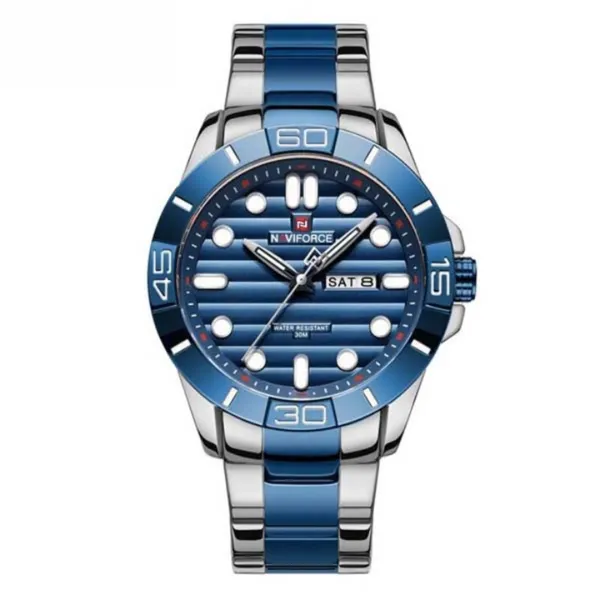 NAVIFORCE 9198 Casual Sport Luxury Steel Men's Watch – Dial Color: Blue, Strap Color: Silver – View 1