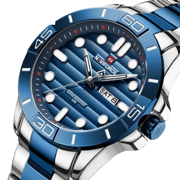 NAVIFORCE 9198 Casual Sport Luxury Steel Men's Watch – Dial Color: Blue, Strap Color: Silver – View 2
