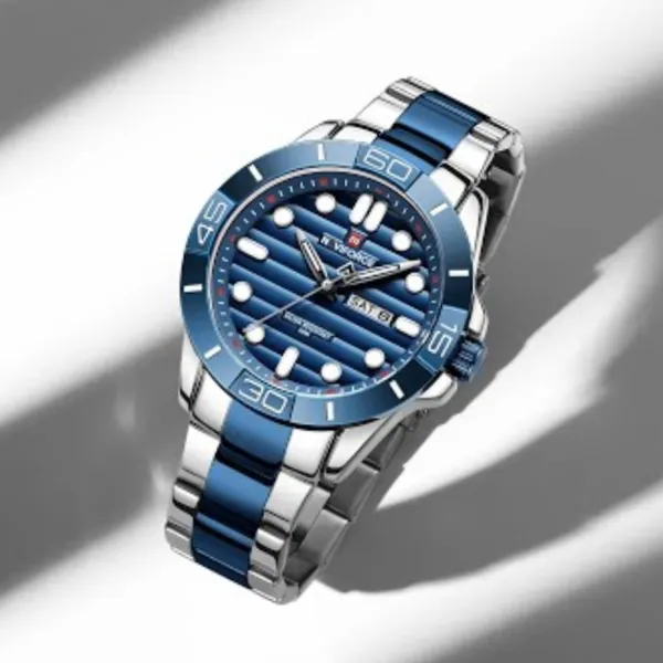 NAVIFORCE 9198 Casual Sport Luxury Steel Men's Watch – Dial Color: Blue, Strap Color: Silver – View 3