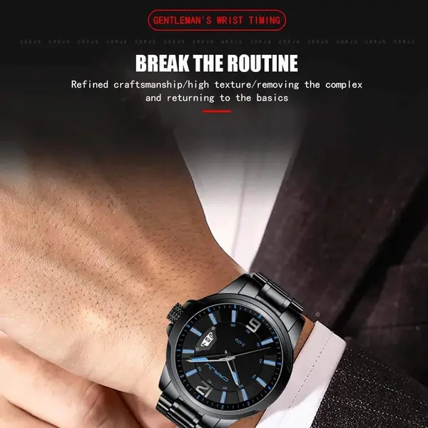 CRRJU 2191 High Quality Stainless Steel Analog Quartz Men's Watch – Dial Color: Blue, Strap Color: Black – View 3