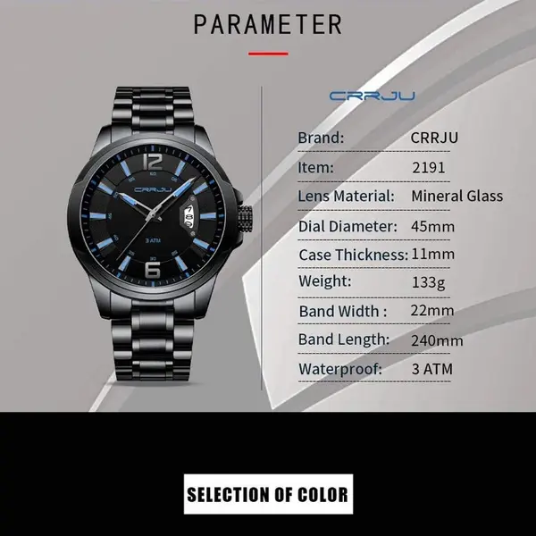 CRRJU 2191 High Quality Stainless Steel Analog Quartz Men's Watch – Dial Color: Blue, Strap Color: Black – View 4