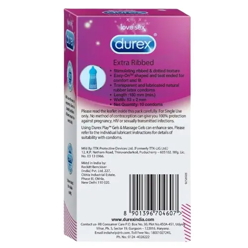 Durex Extra Ribbed Condoms 10 Pcs Pack – Ribbed & Dotted – View 2