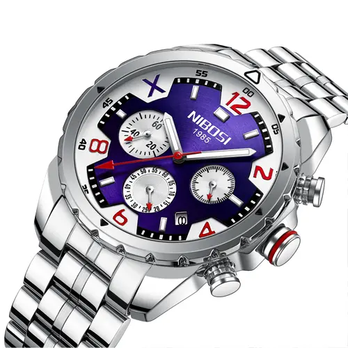Nibosi 2538 Elegant Stainless Steel Analog Men's Watch – Dial Color: Maroon, Strap Color: Silver – View 2