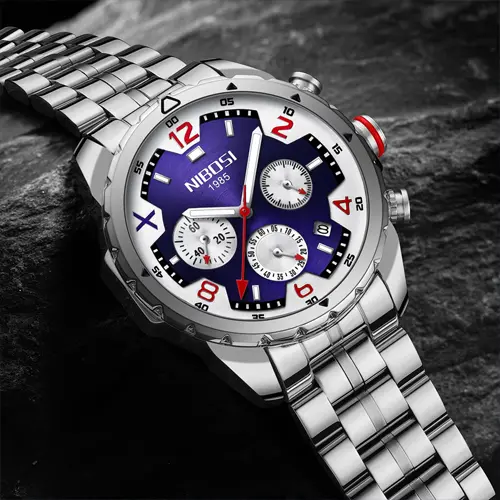Nibosi 2538 Elegant Stainless Steel Analog Men's Watch – Dial Color: Maroon, Strap Color: Silver – View 3
