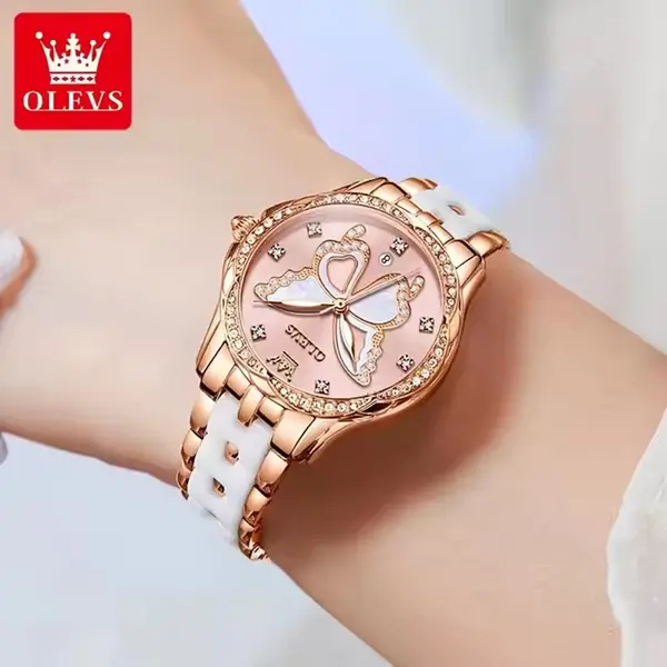 OLEVS 5610 Beauty Dial Luminous Steel Ceramic Bracelet Women Watch – Dial Color: Pink, Strap Color: White – View 2
