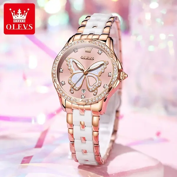 OLEVS 5610 Beauty Dial Luminous Steel Ceramic Bracelet Women Watch – Dial Color: Pink, Strap Color: White – View 3