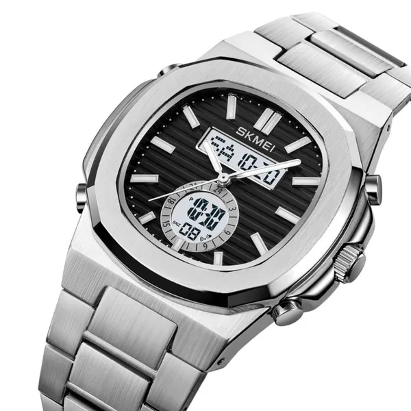 Skmei 2279 Dual Time Stainless Steel Digital Men's Watch – Dial Color: Black, Strap Color: Silver – View 2