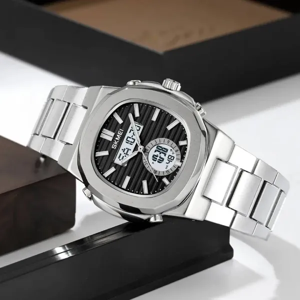 Skmei 2279 Dual Time Stainless Steel Digital Men's Watch – Dial Color: Black, Strap Color: Silver – View 3