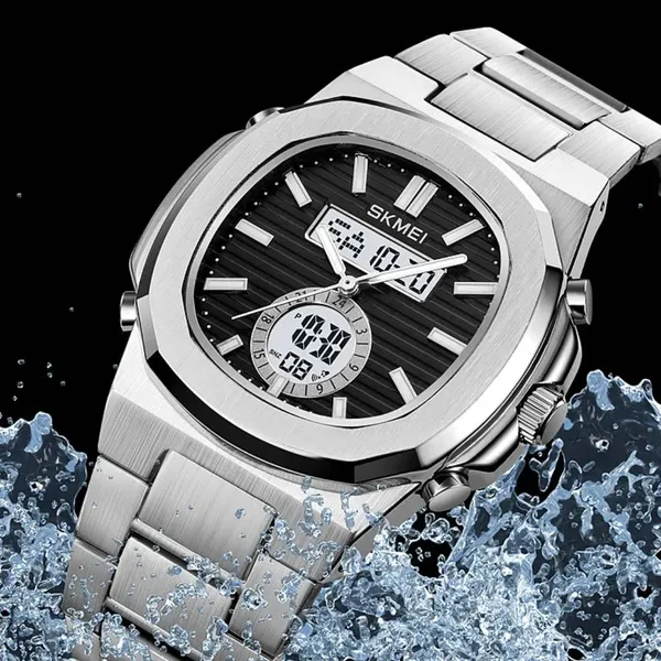 Skmei 2279 Dual Time Stainless Steel Digital Men's Watch – Dial Color: Black, Strap Color: Silver – View 4