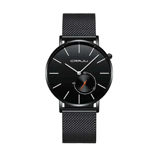 CRRJU 2220 Comfortable Mesh Stainless Steel Ultra Slim Modern Fashion Men's Watch – Dial Color: Black, Strap Color: Black – View 1