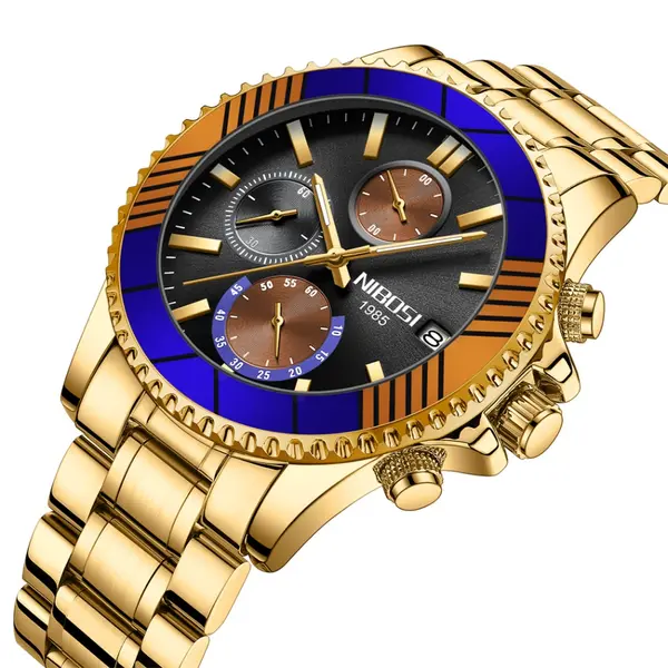 Nibosi 2553 Luxury Stainless Steel & Chronograph Men's Watch – Dial Color: Black Gold, Strap Color: Gold – View 2