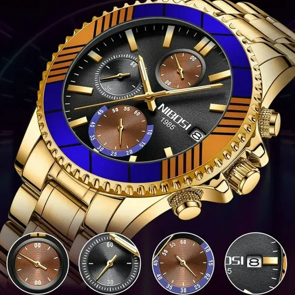 Nibosi 2553 Luxury Stainless Steel & Chronograph Men's Watch – Dial Color: Black Gold, Strap Color: Gold – View 4