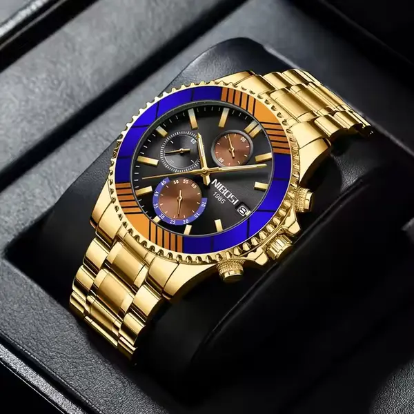 Nibosi 2553 Luxury Stainless Steel & Chronograph Men's Watch – Dial Color: Black Gold, Strap Color: Gold – View 3