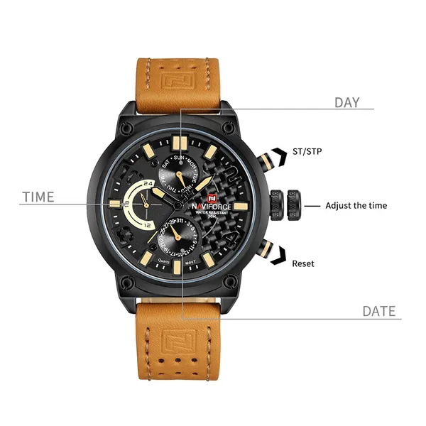 NAVIFORCE NF9068L Fashion Big Dial Multi-Function Waterproof Quartz Luxury Sports Men’s Watch – Dial Color: Orange, Strap Color:  Brown  – View 3