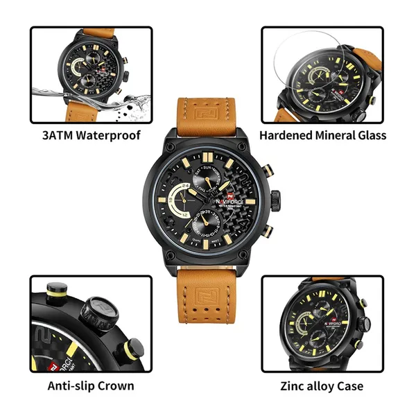 NAVIFORCE NF9068L Fashion Big Dial Multi-Function Waterproof Quartz Luxury Sports Men’s Watch – Dial Color: Orange, Strap Color:  Brown  – View 4
