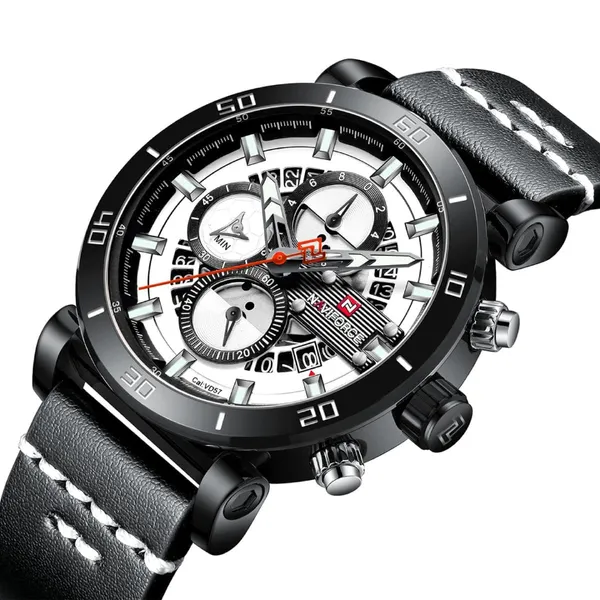 Naviforce NF9131 Analog Sports Leather Quartz Men's Watch – Dial Color: White, Strap Color: Black – View 2