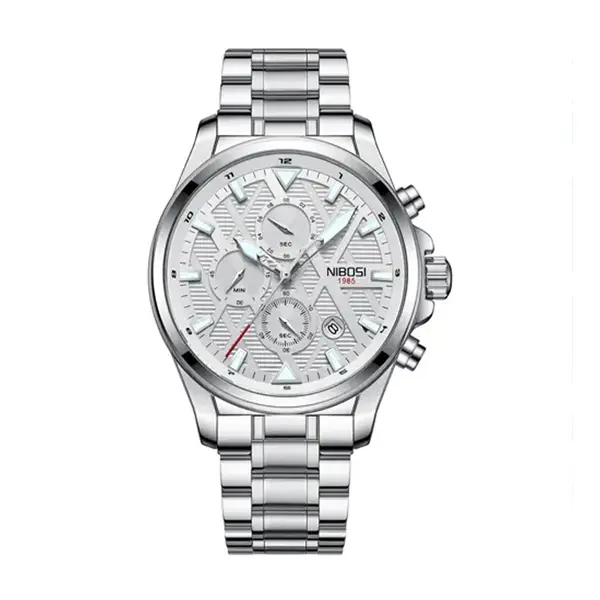Nibosi 2510 Waterproof & Chronograph Stylish Men's Watch – Dial Color: White, Strap Color: White – View 1