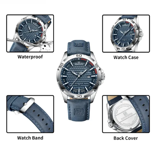 NAVIFORCE NF8023 Luxury Military Leather Sport Quartz Men's Watch – Dial Color: Blue, Strap Color: Blue – View 3