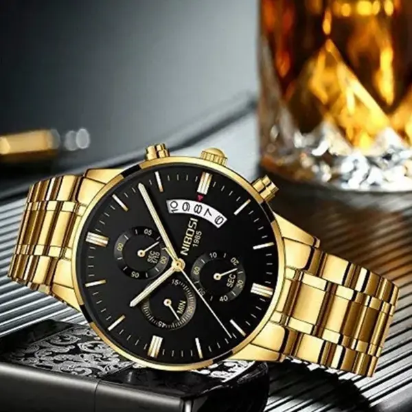 Nibosi 2309 Stainless Steel Multifunctional Classical Men's Watch – Dial Color: Black, Strap Color: Gold – View 3