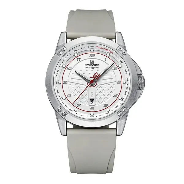 Naviforce NF8031 Dynamic Racing 3ATM Waterproof Men's Watch – Dial Color: Silver, Strap Color: White – View 1