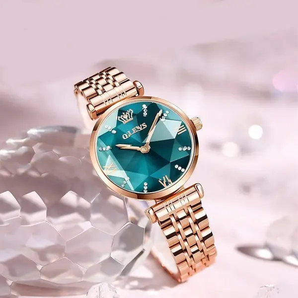 OLEVS 6642 Prisma Rose Gold Luxury Diamond Women’s Quartz Analog Watch – Dial Color: Green, Strap Color: Rose Gold – View 4