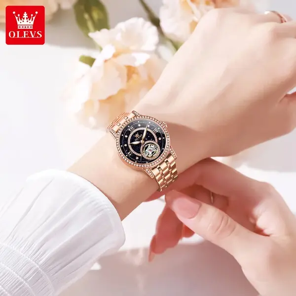 OLEVS 7036 Luminous Hands Mechanical Waterproof Lady Watch – Dial Color: Black, Strap Color:  Brown  – View 3
