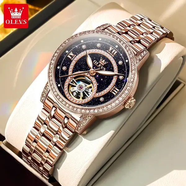 OLEVS 7036 Luminous Hands Mechanical Waterproof Lady Watch – Dial Color: Black, Strap Color:  Brown  – View 2