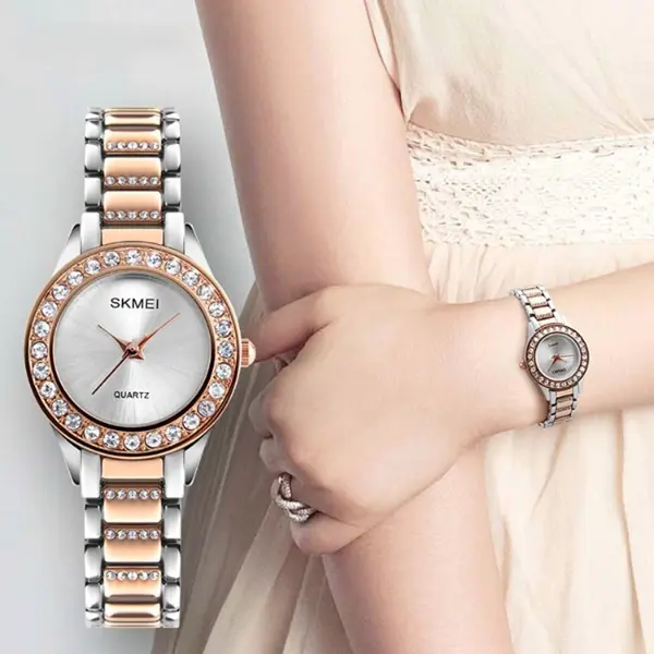 SKMEI 1262 Women Stainless Steel Strap Quartz Watch – Dial Color: Silver, Strap Color:  Brown  – View 3
