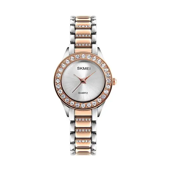 SKMEI 1262 Women Stainless Steel Strap Quartz Watch – Dial Color: Silver, Strap Color:  Brown  – View 1