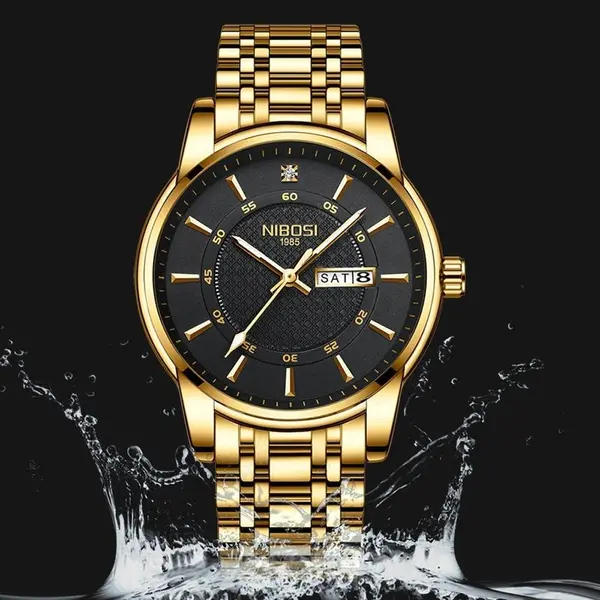 Nibosi 2381 Luxury Stainless Steel Analog Men's Watch – Dial Color: Black Gold, Strap Color: Gold – View 3