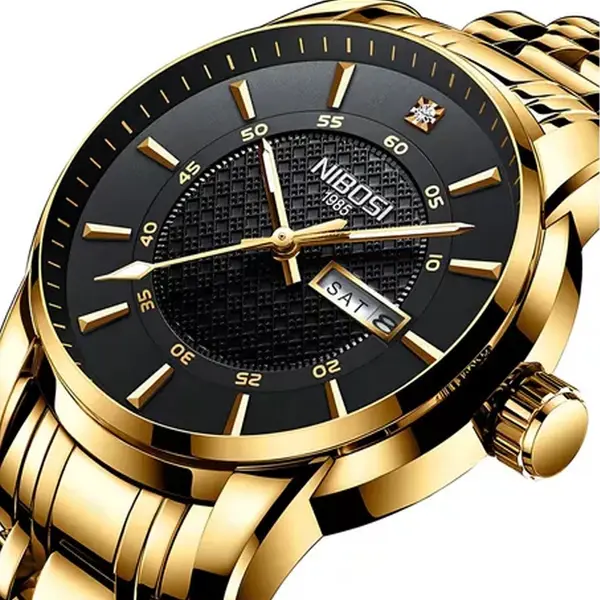 Nibosi 2381 Luxury Stainless Steel Analog Men's Watch – Dial Color: Black Gold, Strap Color: Gold – View 2