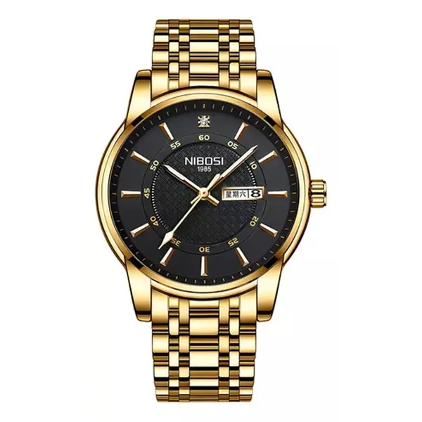 Nibosi 2381 Luxury Stainless Steel Analog Men's Watch – Dial Color: Black Gold, Strap Color: Gold – View 1