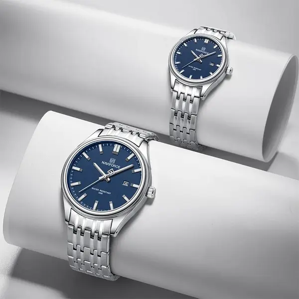 Naviforce NF8039 Luxury Stainless Steel Quartz Analog Casual Couple Watch – Dial Color: Blue, Strap Color: Silver – View 4