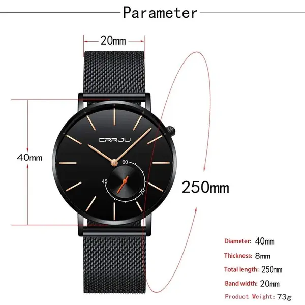 CRRJU 2220 Comfortable Mesh Stainless Steel Ultra Slim Modern Fashion Men's Watch – Dial Color: Rose Black, Strap Color: Black – View 3