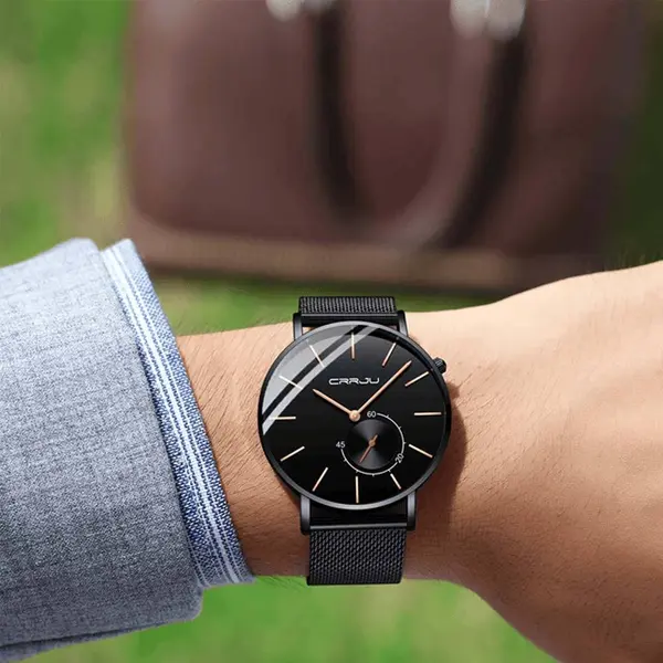 CRRJU 2220 Comfortable Mesh Stainless Steel Ultra Slim Modern Fashion Men's Watch – Dial Color: Rose Black, Strap Color: Black – View 4