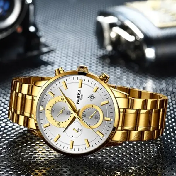Nibosi 2390 Stainless Steel Chronograph Analog Men's Watch – Dial Color: Silver, Strap Color: Gold – View 3