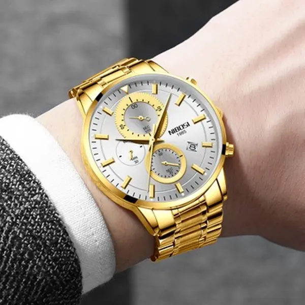 Nibosi 2390 Stainless Steel Chronograph Analog Men's Watch – Dial Color: Silver, Strap Color: Gold – View 4