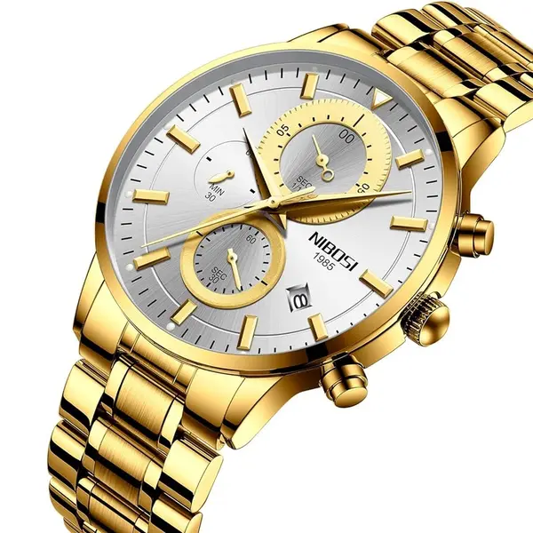 Nibosi 2390 Stainless Steel Chronograph Analog Men's Watch – Dial Color: Silver, Strap Color: Gold – View 2