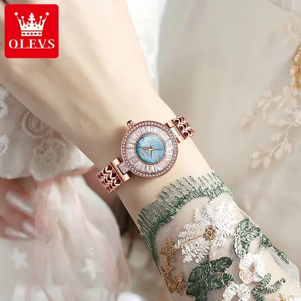 Olevs 9959 Original Top Brand Elegant Quartz Watch Women Waterproof Stainless Steel Luxury Diamond Watches  – Dial Color: Blue, Strap Color:  Brown  – View 2