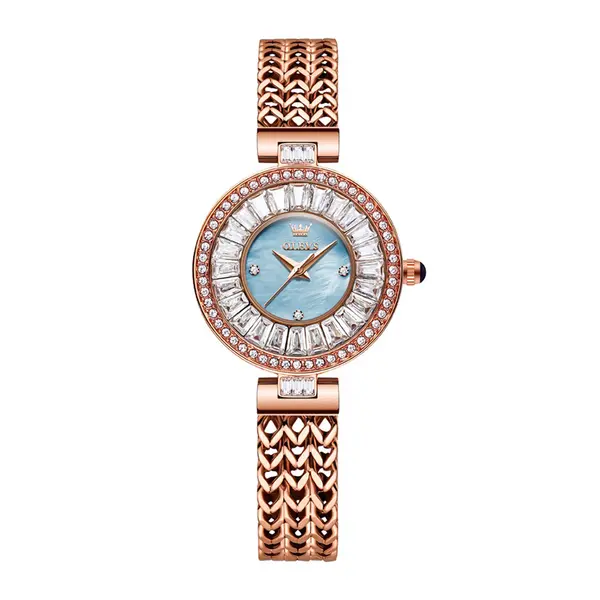 Olevs 9959 Original Top Brand Elegant Quartz Watch Women Waterproof Stainless Steel Luxury Diamond Watches  – Dial Color: Blue, Strap Color:  Brown  – View 1