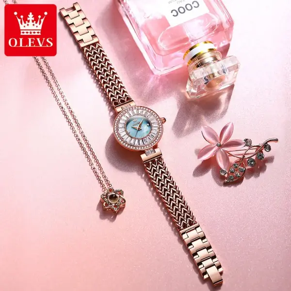 Olevs 9959 Original Top Brand Elegant Quartz Watch Women Waterproof Stainless Steel Luxury Diamond Watches  – Dial Color: Blue, Strap Color:  Brown  – View 3