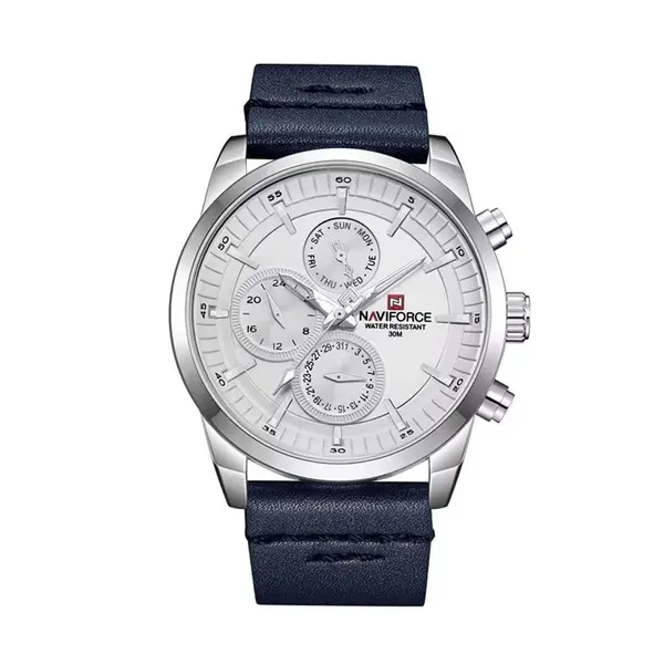 Naviforce NF9148 Custom Luxury Leather Strap Quartz Casual Men's Watch – Dial Color: White, Strap Color: Blue – View 1