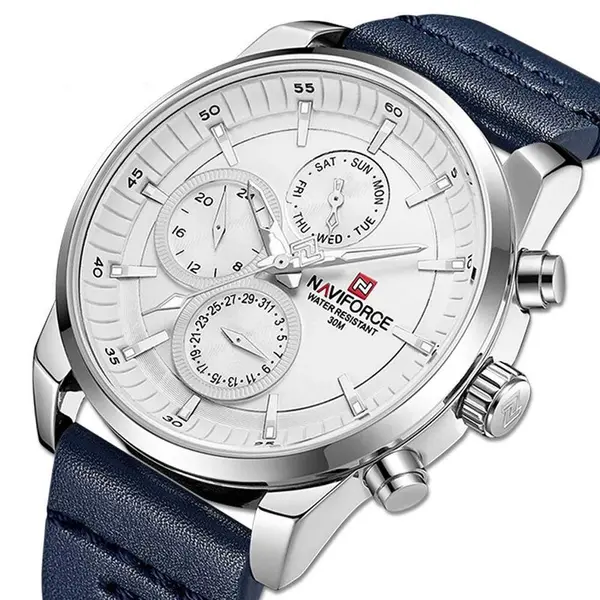 Naviforce NF9148 Custom Luxury Leather Strap Quartz Casual Men's Watch – Dial Color: White, Strap Color: Blue – View 3