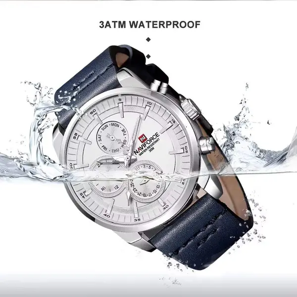 Naviforce NF9148 Custom Luxury Leather Strap Quartz Casual Men's Watch – Dial Color: White, Strap Color: Blue – View 4