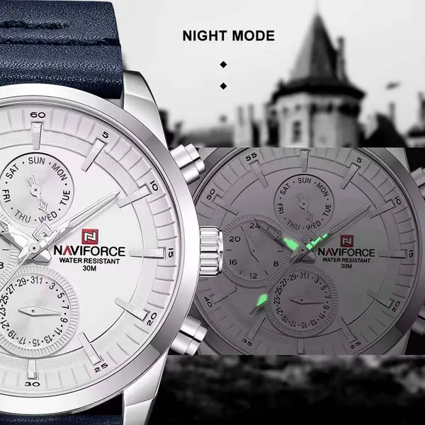 Naviforce NF9148 Custom Luxury Leather Strap Quartz Casual Men's Watch – Dial Color: White, Strap Color: Blue – View 5